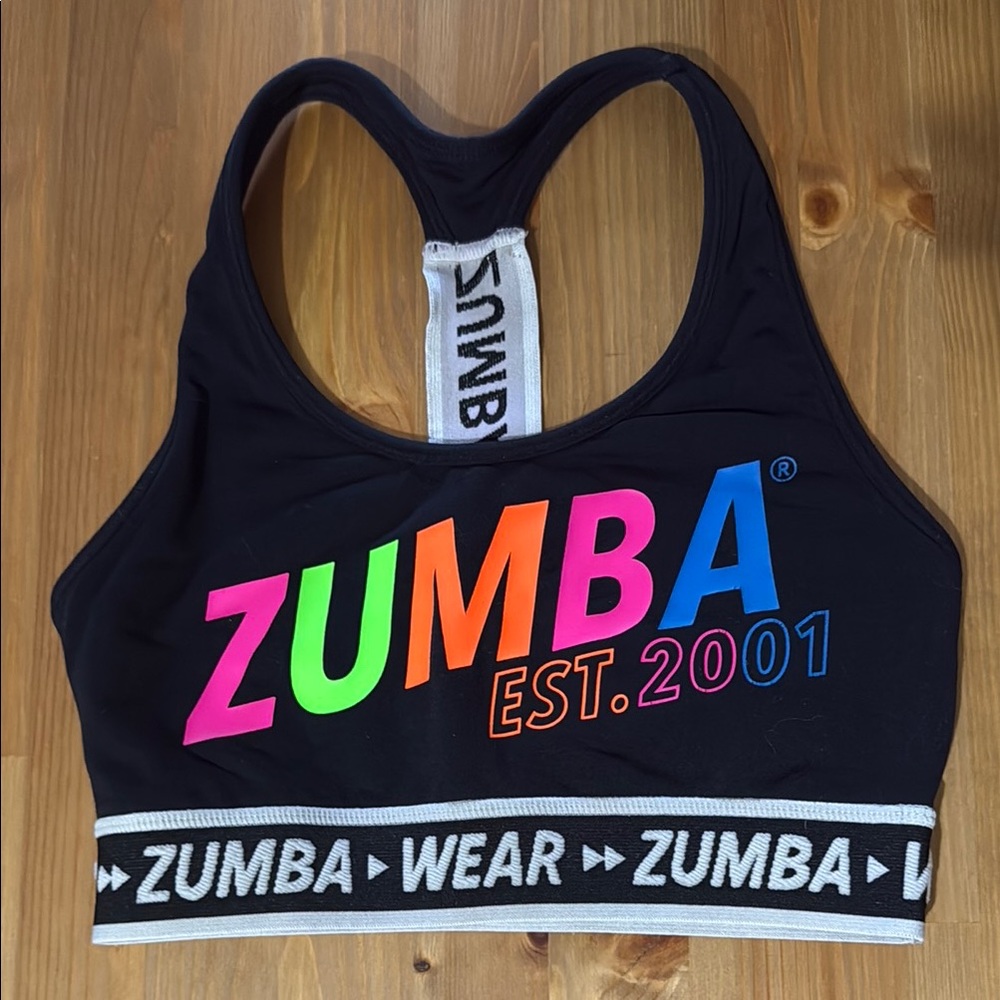Zumba Fitness Black Sports Bra with Multicolor Logo